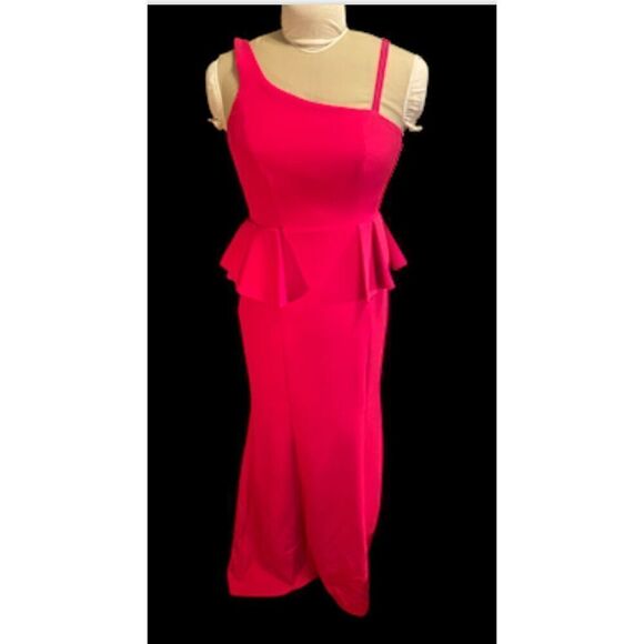 Formal Gown One Shoulder Hot Pink Peplum Made in Spain Sz. S - Picture 2 of 14